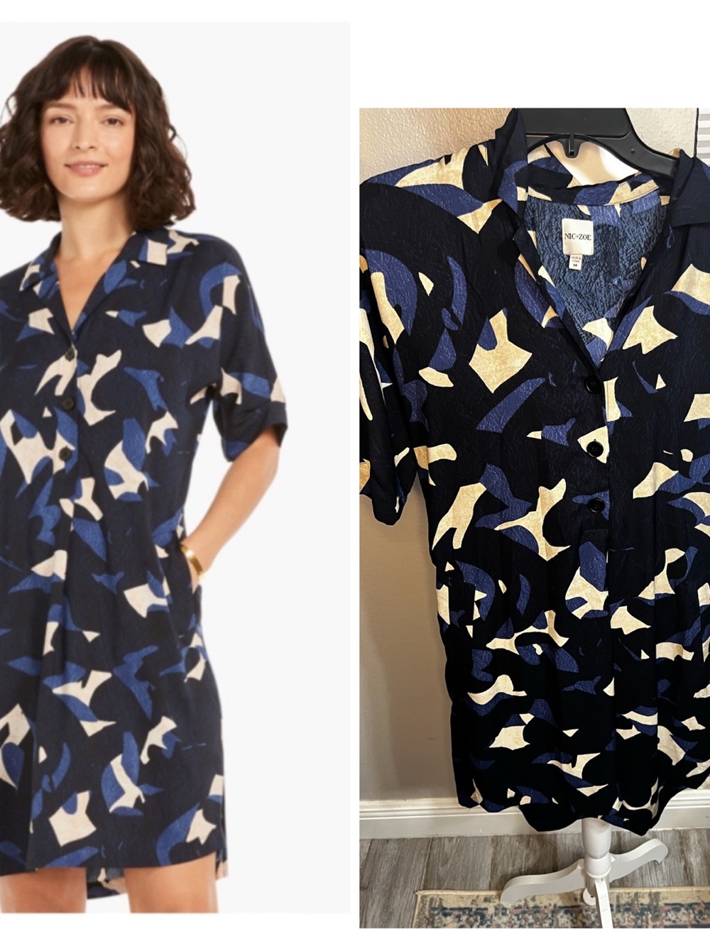 Nic + Zoe Dress ABSTRACT BILLOW DRESS Blue And White Pockets Medium